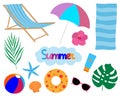 Set summer sea beach palm trees swimsuit sunglasses cream shells starfish crab umbrella vector illustration Royalty Free Stock Photo